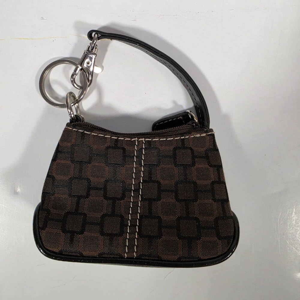 Nine West Mini Bag Keychain Coin Purse Brown Black Logo Print Jacquard Accessory